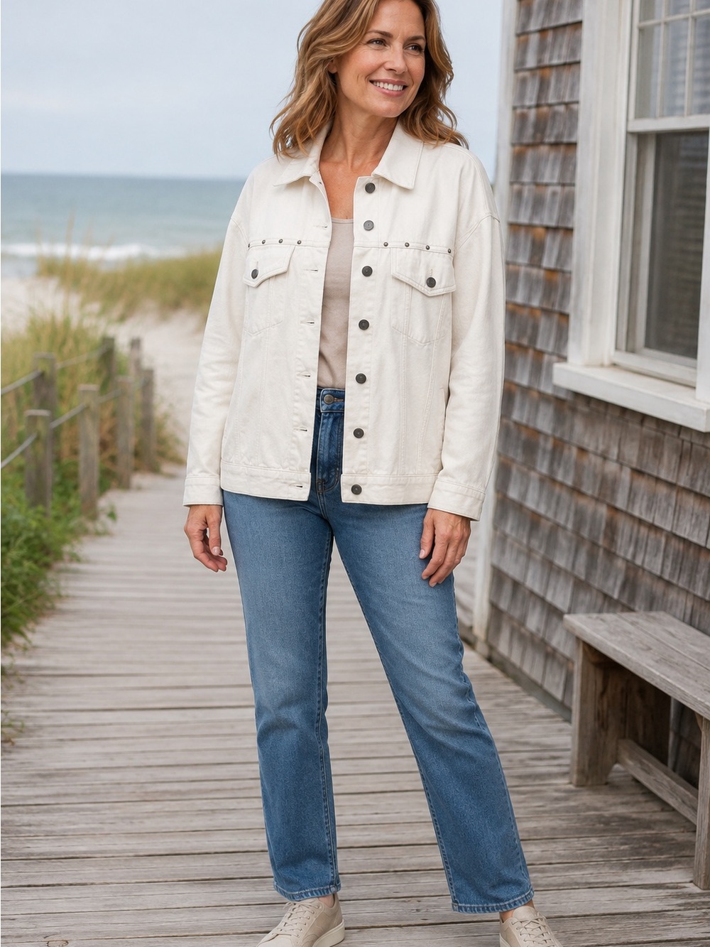 Old Navy Cream Oversized Denim Trucker Jacket Studded Utility Shacket XL